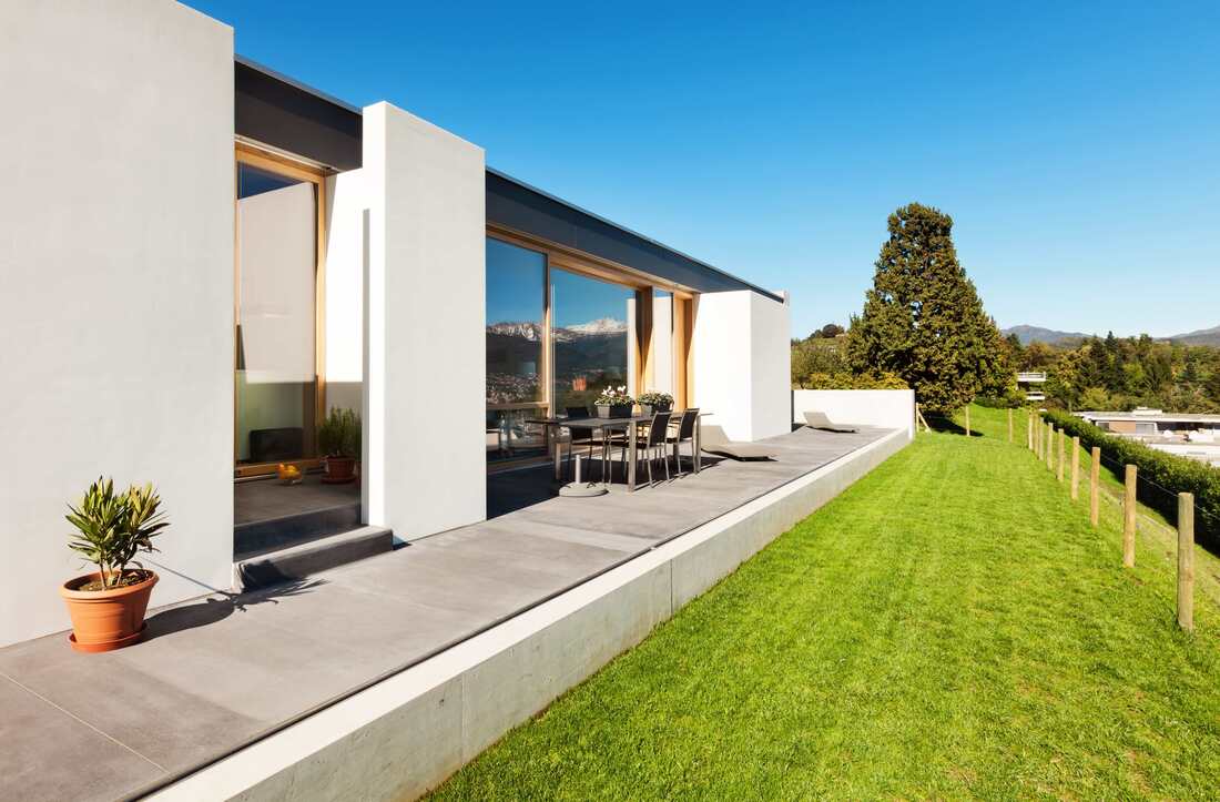 This photo shows a luxury home that was built from architectural concrete. 